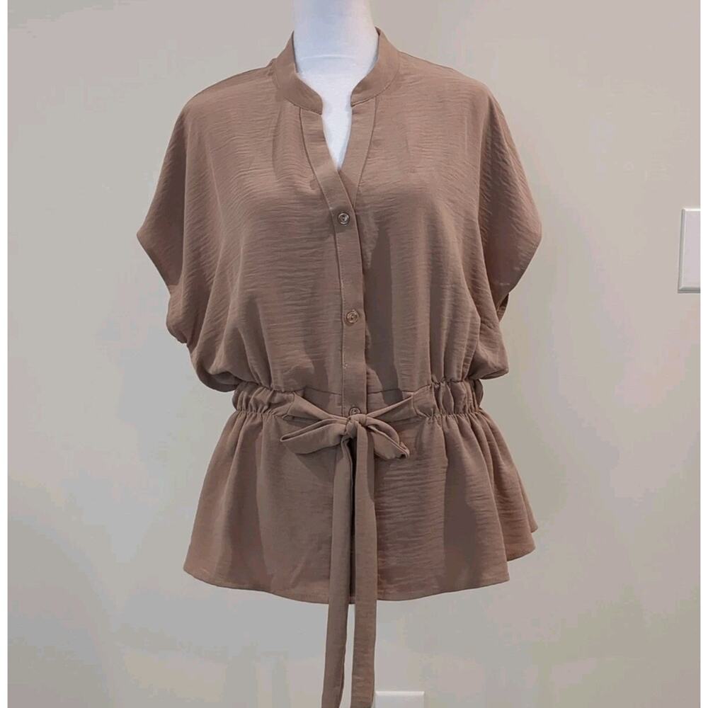 Fashion Nova Women's M Short Sleeve Blouse Tie Waist Tan Office City